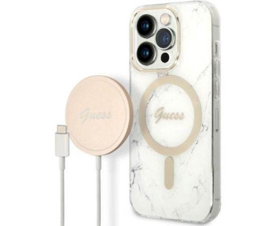 Guess Set GUBPP14LHMEACSH Aizsargapvalks ar lādētāju priekš iPhone 14 Pro 6,1" / balts Neoriģinālie Maciņi