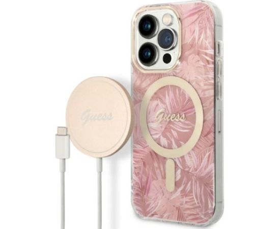 Guess Set GUBPP14LHJEACSP Case+Charger Aizsargapvalks priekš iPhone 14 Pro 6,1" / rozā hard case Jungle MagSafe Neoriģinālie Maciņi