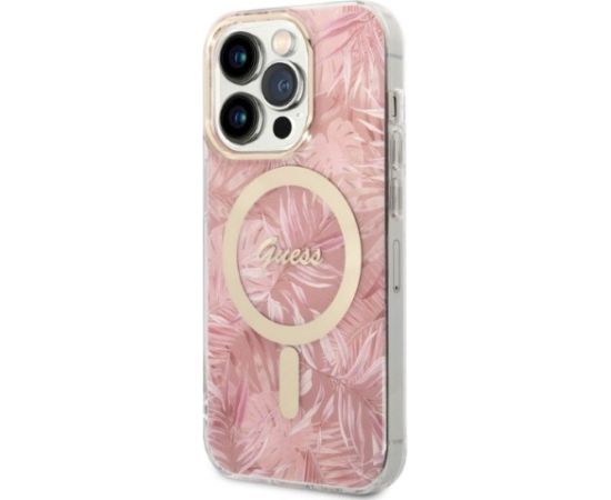 Guess Set GUBPP14LHJEACSP Case+Charger Aizsargapvalks priekš iPhone 14 Pro 6,1" / rozā hard case Jungle MagSafe Neoriģinālie Maciņi