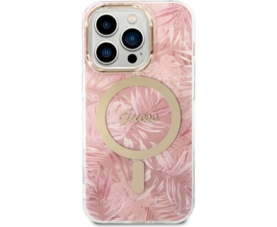 Guess Set GUBPP14LHJEACSP Case+Charger Aizsargapvalks priekš iPhone 14 Pro 6,1" / rozā hard case Jungle MagSafe Neoriģinālie Maciņi