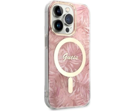Guess Set GUBPP14LHJEACSP Case+Charger Aizsargapvalks priekš iPhone 14 Pro 6,1" / rozā hard case Jungle MagSafe Neoriģinālie Maciņi