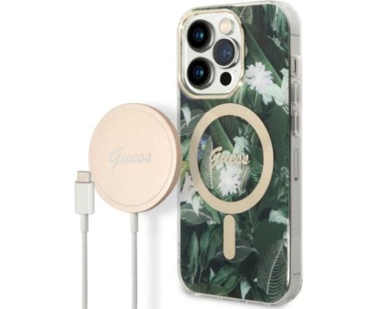 Guess Set GUBPP14XHJEACSA Case+Charger Aizsargapvalks priekš iPhone 14 Pro Max 6,7" / zaļš Neoriģinālie Maciņi