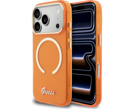 Case Guess IML Script Metal MagSafe Aizsargapvalks priekš iPhone 17 Pro / oranžs Neoriģinālie Maciņi
