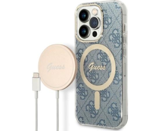 Guess Set GUBPP14LH4EACSB Case+ Charger Aizsargapvalks priekš iPhone 14 Pro 6,1" / zils hard case 4G Print MagSa Neoriģinālie Maciņi
