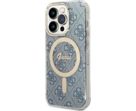 Guess Set GUBPP14LH4EACSB Case+ Charger Aizsargapvalks priekš iPhone 14 Pro 6,1" / zils hard case 4G Print MagSa Neoriģinālie Maciņi