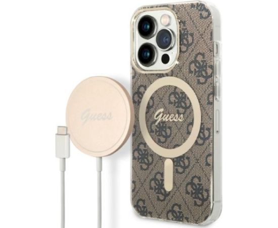 Guess Set GUBPP14XH4EACSW Aizsargapvalks + Tīkla lādētājs priekš iPhone 14 Pro Max 6,7" / brūns Neoriģinālie Maciņi