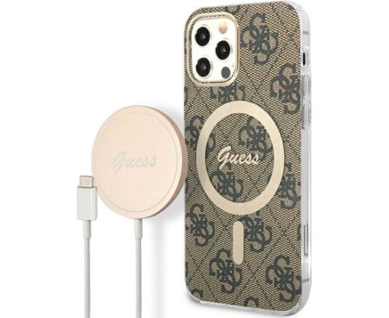 Guess Set GUBPP12MH4EACSW Case+ Charger Aizsargapvalks priekš iPhone 12/12 Pro / brūns hard case 4G Print MagSafe Neoriģinālie Maciņi