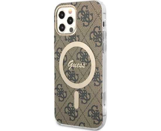Guess Set GUBPP12MH4EACSW Case+ Charger Aizsargapvalks priekš iPhone 12/12 Pro / brūns hard case 4G Print MagSafe Neoriģinālie Maciņi