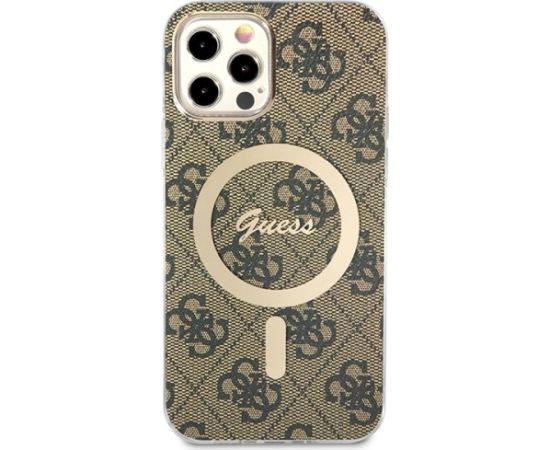 Guess Set GUBPP12MH4EACSW Case+ Charger Aizsargapvalks priekš iPhone 12/12 Pro / brūns hard case 4G Print MagSafe Neoriģinālie Maciņi