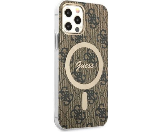 Guess Set GUBPP12MH4EACSW Case+ Charger Aizsargapvalks priekš iPhone 12/12 Pro / brūns hard case 4G Print MagSafe Neoriģinālie Maciņi
