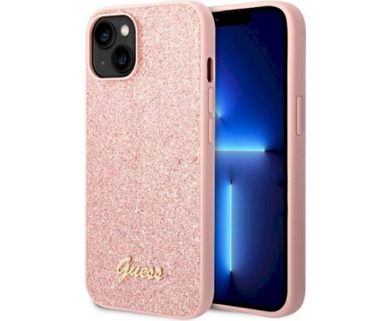 Guess GUHCP14MHGGSHP Glitter Script Aizsargapvalks priekš iPhone 14 Plus / 15 Plus 6.7" / rozā Neoriģinālie Maciņi