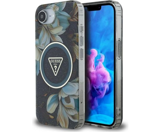 Guess IML Metal Glitter Flowers Triangle MagSafe Case Aizsargapvalks priekš iPhone 16e/17e / melns Neoriģinālie Maciņi