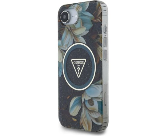 Guess IML Metal Glitter Flowers Triangle MagSafe Case Aizsargapvalks priekš iPhone 16e/17e / melns Neoriģinālie Maciņi