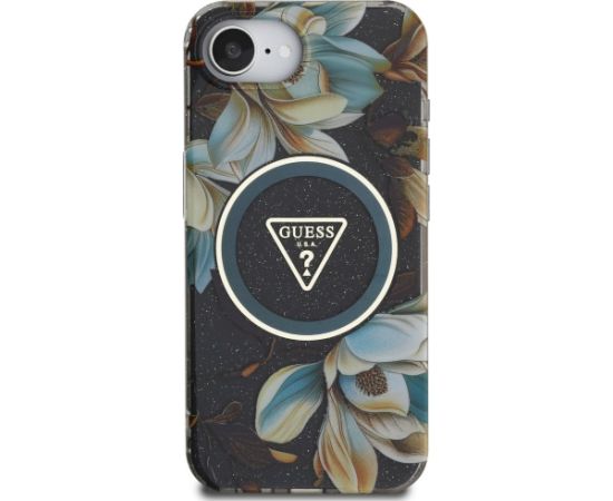Guess IML Metal Glitter Flowers Triangle MagSafe Case Aizsargapvalks priekš iPhone 16e/17e / melns Neoriģinālie Maciņi