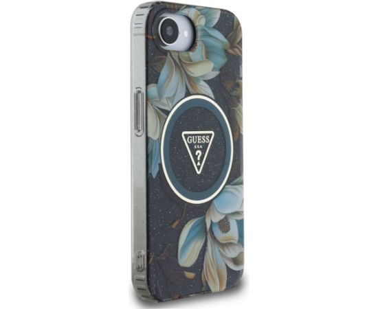 Guess IML Metal Glitter Flowers Triangle MagSafe Case Aizsargapvalks priekš iPhone 16e/17e / melns Neoriģinālie Maciņi