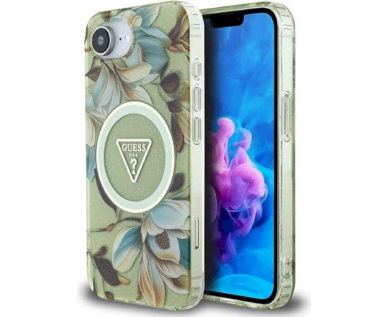 Case Guess IML Metal Glitter Flowers Triangle MagSafe Aizsargapvalks priekš iPhone 16e / 17e / zaļš Neoriģinālie Maciņi