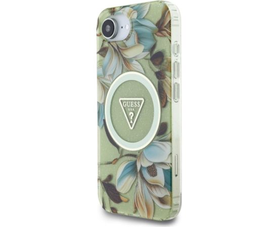 Case Guess IML Metal Glitter Flowers Triangle MagSafe Aizsargapvalks priekš iPhone 16e / 17e / zaļš Neoriģinālie Maciņi