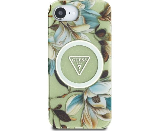 Case Guess IML Metal Glitter Flowers Triangle MagSafe Aizsargapvalks priekš iPhone 16e / 17e / zaļš Neoriģinālie Maciņi