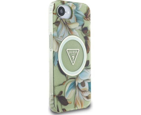 Case Guess IML Metal Glitter Flowers Triangle MagSafe Aizsargapvalks priekš iPhone 16e / 17e / zaļš Neoriģinālie Maciņi
