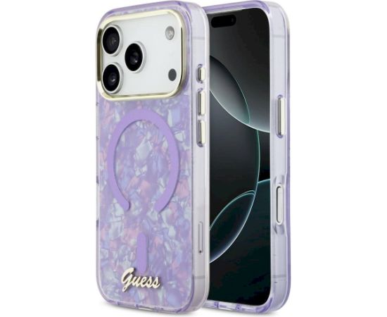 Guess IML Shell Script Metal MagSafe Aizsargapvalks priekš iPhone 17 Pro Max / violets Neoriģinālie Maciņi