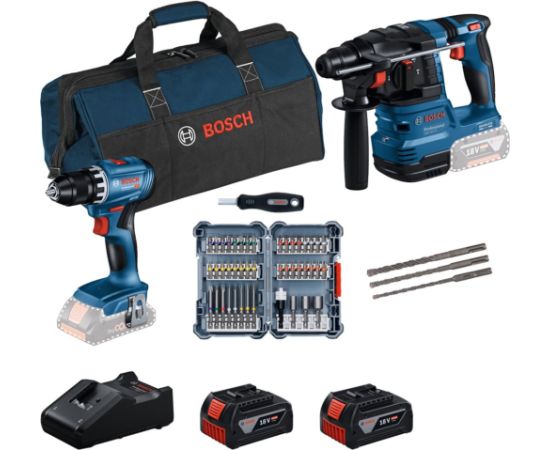 Bosch Powertools 18V professional set hammer drill GBH 18V-22 + drill driver GSR 18V-45 (blue/black, 2x Li-ion battery 4.0Ah, hammer drill and bit set, tool bag) Новинки Для дома и сада 