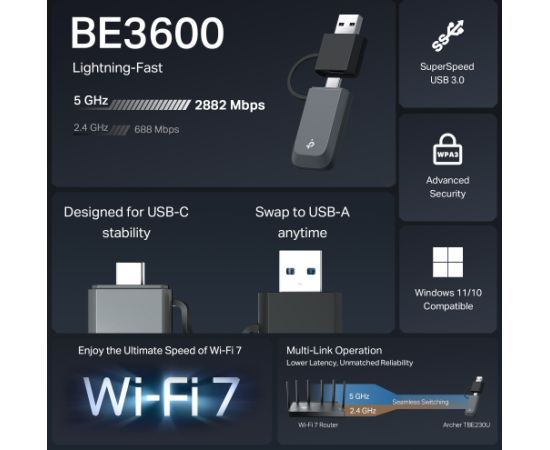 TP-LINK BE3600 Dual Band Wi-Fi 7 Mini Wireless USB Adapter Archer TBE230U 2.4 GHz, 5 GHz 802.11ax MU-MiMO No no PoE Antenna type Internal Access Points