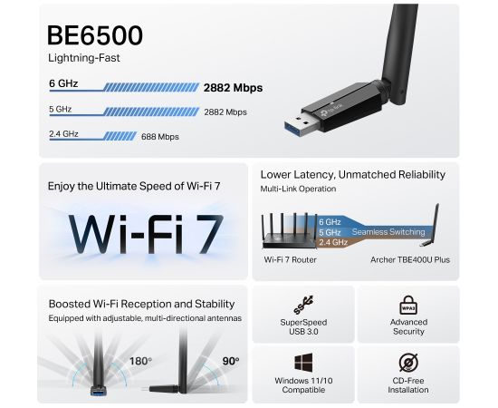 TP-LINK BE6500 Tri-Band Wi-Fi 7 High Gain Wireless USB Adapter Archer TBE400U Plus 2.4 GHz, 5 GHz, 6 GHz 802.11ax MU-MiMO No no PoE Antenna type High-Gain Tri-Band Access Points
