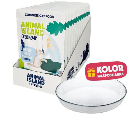 ANIMAL ISLAND Everyday White fish in broth Box - wet cat food - 12x85g + free plate Kaķu konservi