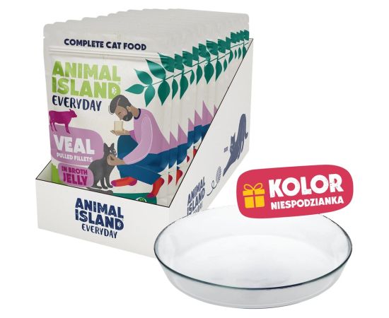 ANIMAL ISLAND Everyday Veal in jelly broth Box - wet cat food - 12x85g + free plate Kaķu konservi