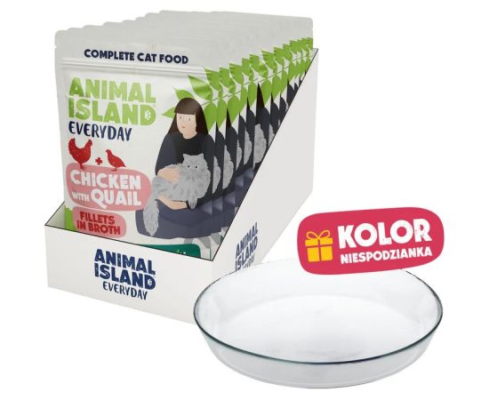 ANIMAL ISLAND Everyday Chicken with quail in broth Box - wet cat food - 12x85g + free plate Kaķu konservi