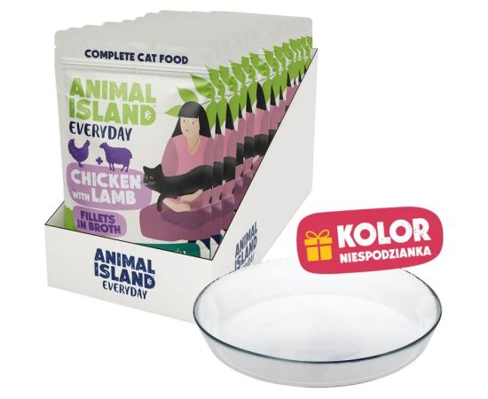 ANIMAL ISLAND Everyday Chicken with lamb in broth Box - wet cat food - 12x85g + free plate Kaķu konservi