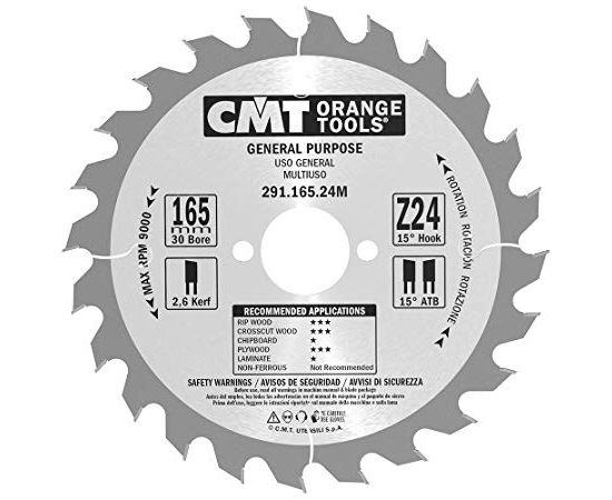 Griešanas disks kokam CMT 291; 165x2,6x30; Z24; 15° Zāģripas