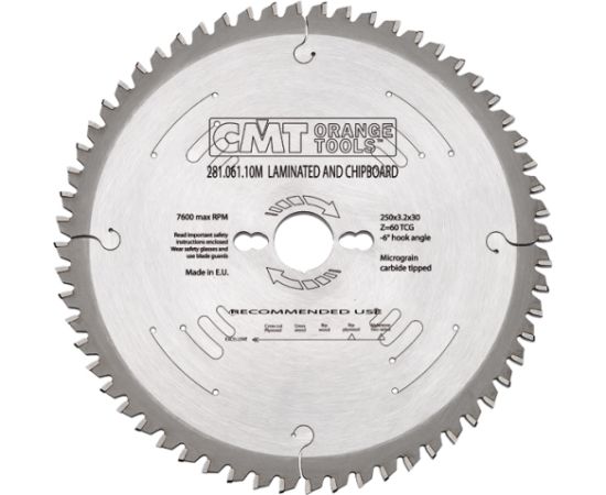 Griešanas disks kokam CMT 281; 250x3.2x30; Z60; -3° Zāģripas