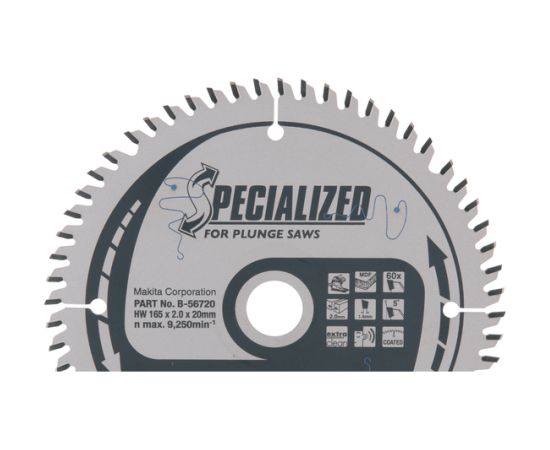 Griešanas disks kokam Makita; 165x2x20,0 mm; Z60; 5° Zāģripas