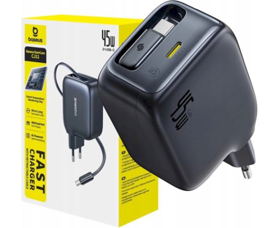Baseus EnerCore CJ11 Tīkla lādētājs 45W USB-C ar ievilktu USB-C kabeli / melna Telefonu lādētāji 220v