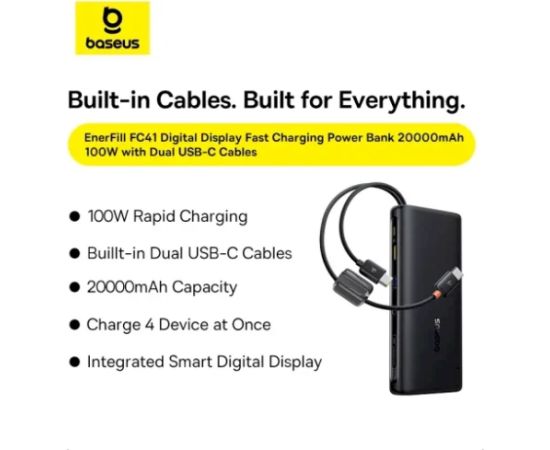 Baseus EnerFill FC41 Pārnēsājamā baterija 20000 mAh 100W USB-C / melns Power Banks