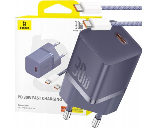 Baseus GaN5 30W USB-C EU Lādētājs ar Baseus Dynamic 3 USB-C kabeli 100W 1m / violets Telefonu lādētāji 220v
