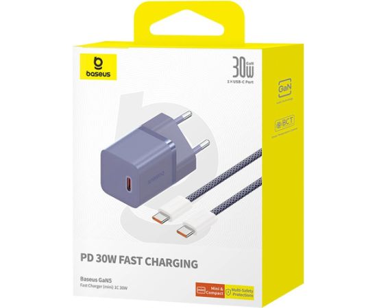 Baseus GaN5 30W USB-C EU Lādētājs ar Baseus Dynamic 3 USB-C kabeli 100W 1m / violets Telefonu lādētāji 220v