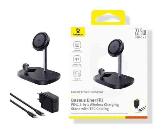 Baseus EnerFill FS41 3-in-1 uzlādes stacija ar dzesēšanu EU spraudni 45W USB-C to USB-C / melna Bezvadu telefonu lādētāji