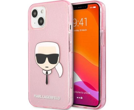 Karl Lagerfeld KLHCP13SKHTUGLP Glitter Karl`s Head Aizsargapvalks priekš iPhone 13 mini 5,4" / rozā Neoriģinālie Maciņi