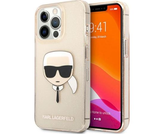Karl Lagerfeld KLHCP13LKHTUGLGO Hardcase Glitter Karl`s Head Aizsargapvalks priekš iPhone 13 Pro / 13 6,1" / zelts Neoriģinālie Maciņi