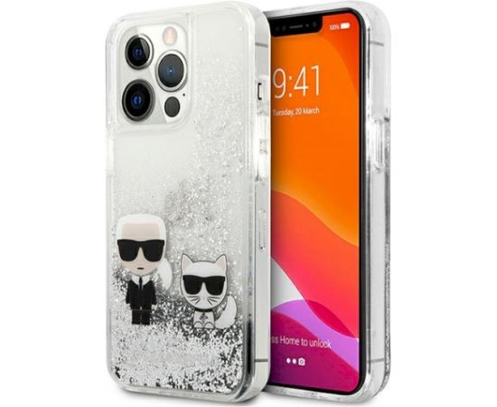 Karl Lagerfeld KLHCP13XGKCS Liquid Glitter Karl&Choupette Aizsargapvalks priekš iPhone 13 Pro Max 6.7" / sudraba Neoriģinālie Maciņi