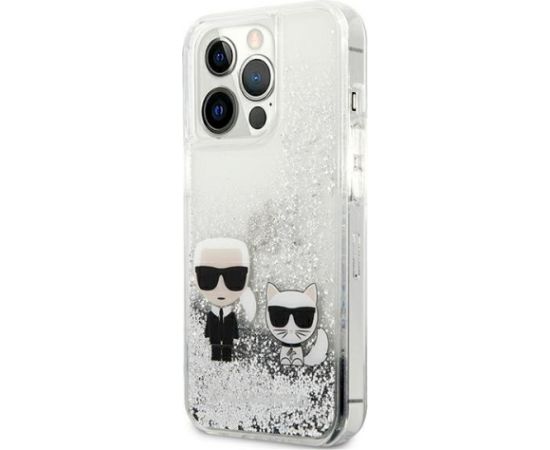 Karl Lagerfeld KLHCP13XGKCS Liquid Glitter Karl&Choupette Aizsargapvalks priekš iPhone 13 Pro Max 6.7" / sudraba Neoriģinālie Maciņi