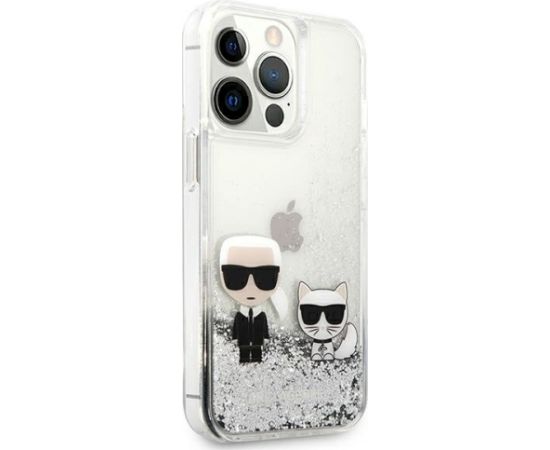 Karl Lagerfeld KLHCP13XGKCS Liquid Glitter Karl&Choupette Aizsargapvalks priekš iPhone 13 Pro Max 6.7" / sudraba Neoriģinālie Maciņi