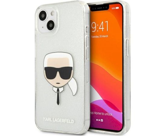 Karl Lagerfeld KLHCP13SKHTUGLS Hardcase Glitter Karl`s Head Aizsargapvalks priekš iPhone 13 mini 5,4" / sudraba Neoriģinālie Maciņi