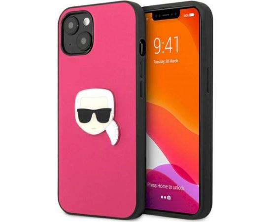 Karl Lagerfeld KLHCP13SPKMP Leather Ikonik Karl`s Head Metal Aizsargapvalks priekš iPhone 13 mini 5,4" / rozā Neoriģinālie Maciņi
