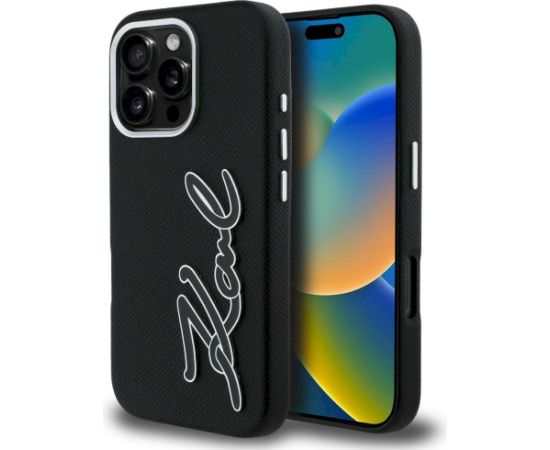 Karl Lagerfeld FW Grained Signature Logo Case Aizsargapvalks priekš iPhone 16 Pro Max / melns Neoriģinālie Maciņi