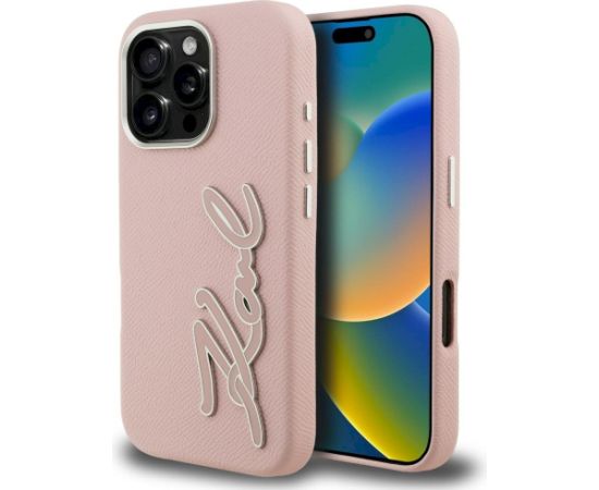 Karl Lagerfeld FW Grained Signature Logo Case Aizsargapvalks priekš iPhone 16 Pro Max / rozā Neoriģinālie Maciņi