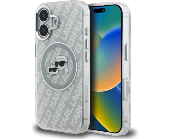 Karl Lagerfeld IML Glitter Karl & Choupette Heads Logo MagSafe Aizsargapvalks priekš iPhone 16 / pelēks Neoriģinālie Maciņi