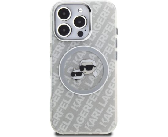 Karl Lagerfeld IML Glitter Karl & Choupette Heads Logo MagSafe Aizsargapvalks priekš iPhone 16 Pro Max / pelēks Neoriģinālie Maciņi